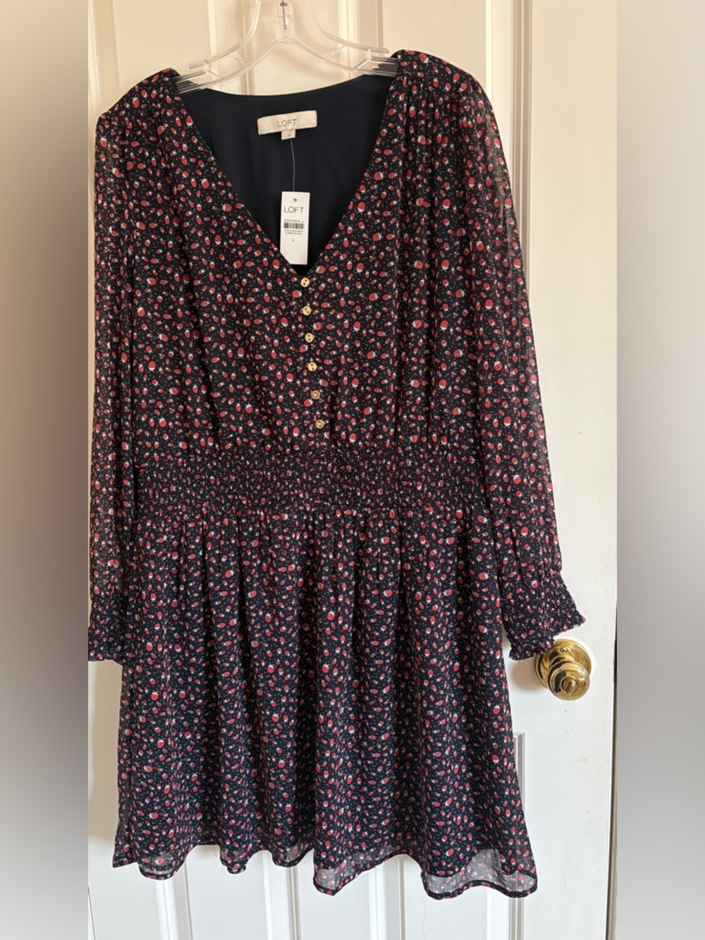 LOFT Navy Ladybug Print V Neck Dress with Smocked Waist and Cuffs